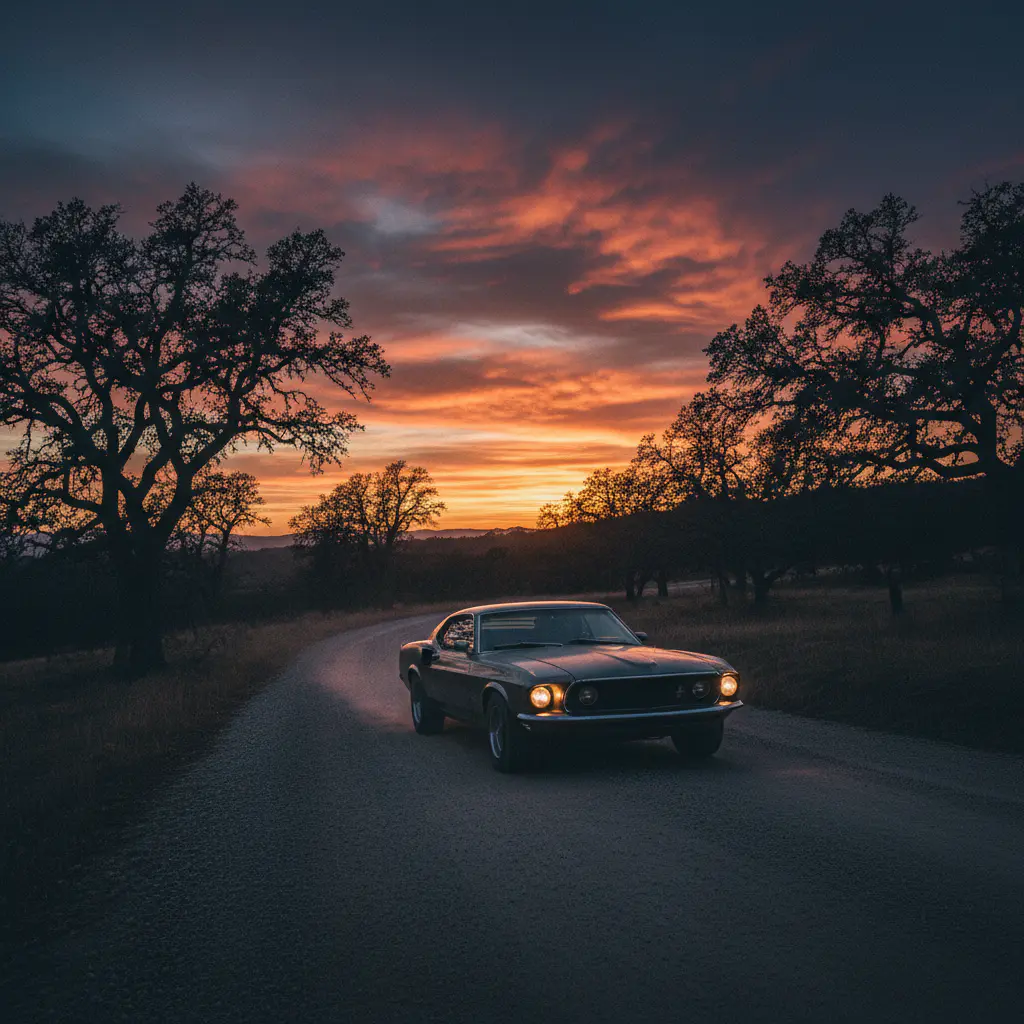 Carro clássico ao pôr do sol numa estrada secundária