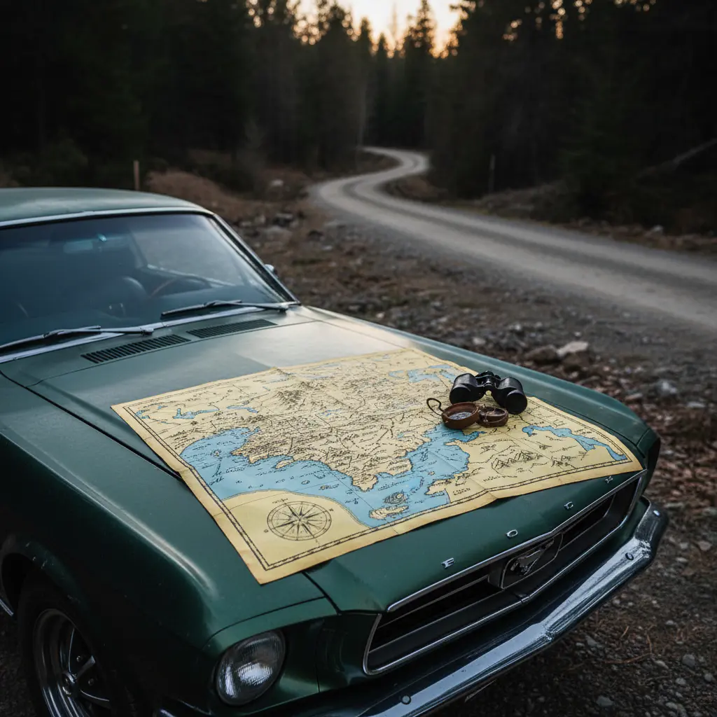 Mapa antigo sobre o capô de um carro clássico