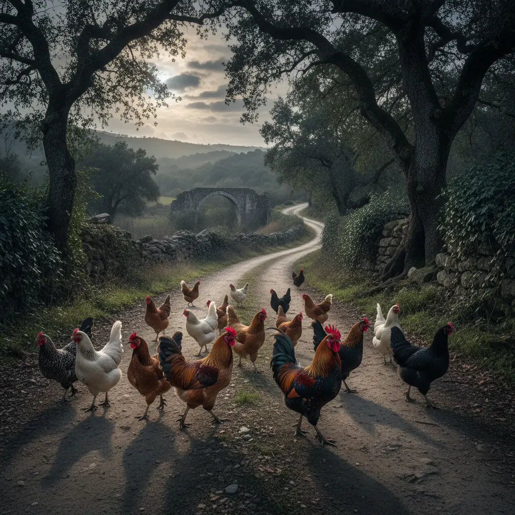 Galinhas a cruzar livremente uma estrada secundária em Portugal