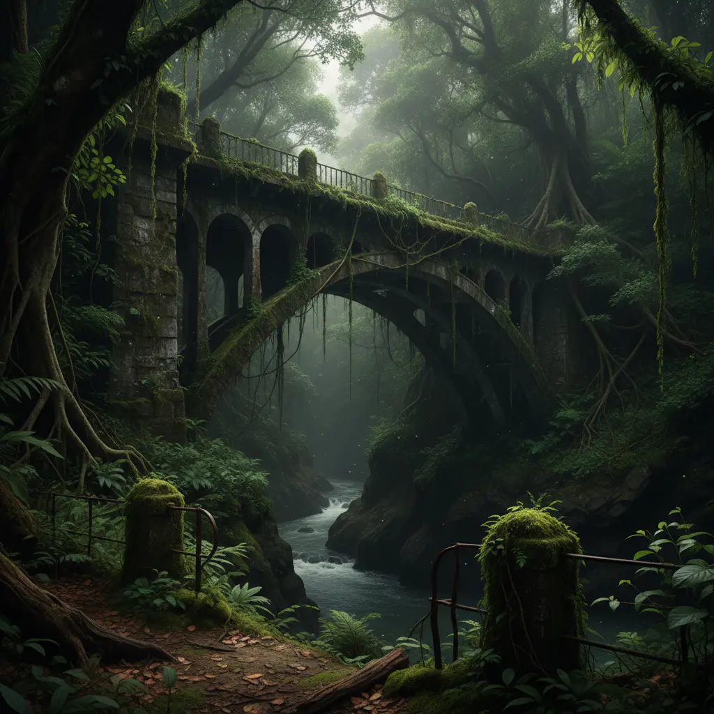 Ponte abandonada no meio da vegetação