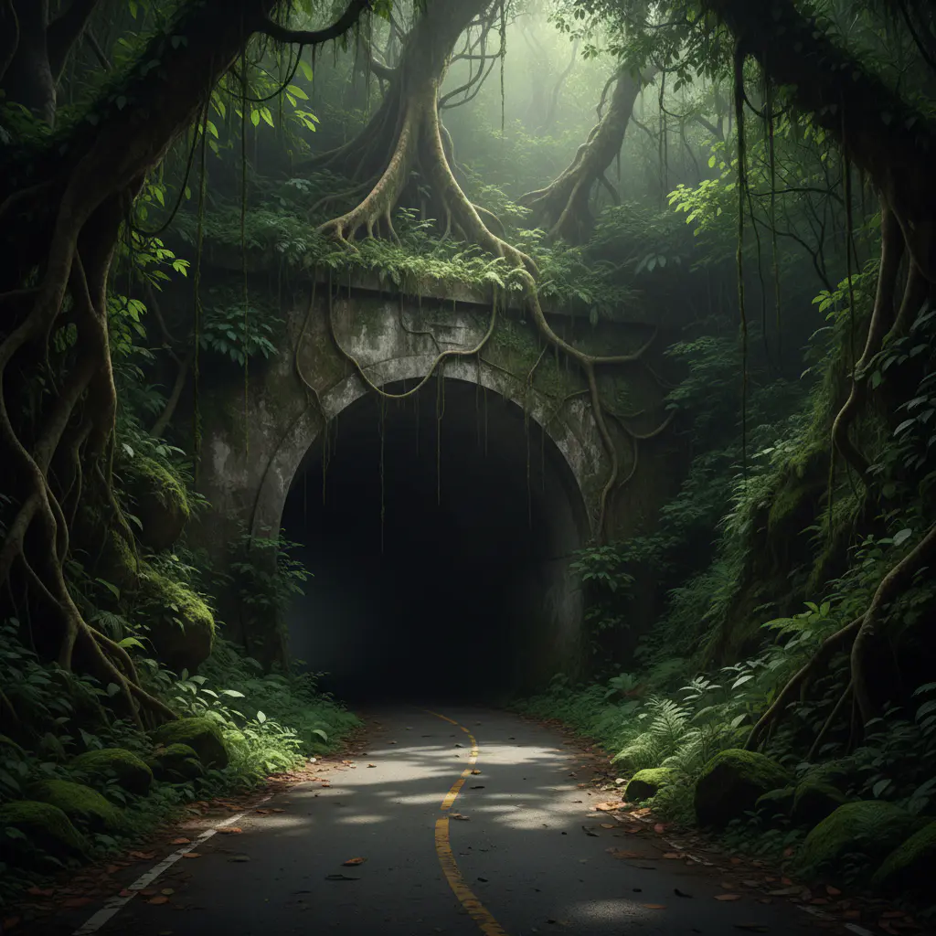 Túnel de estrada engolido pela vegetação densa